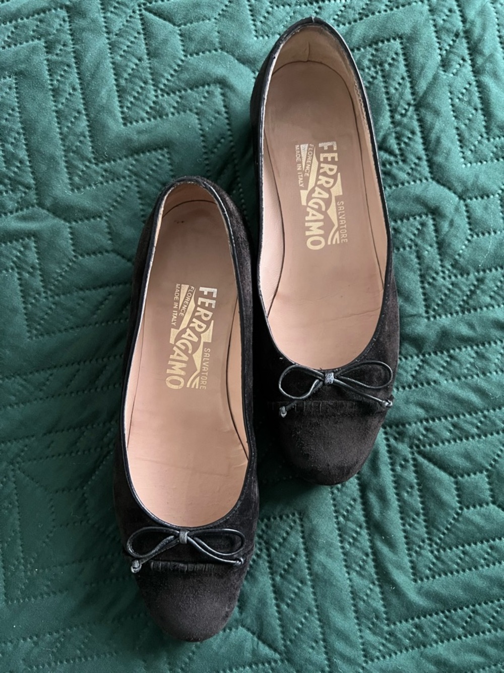 Salvatore Ferragamo Black Suede Bow Ballet Flats